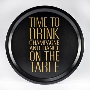 Bricka, Rund – Time to Drink, Svart/Guld